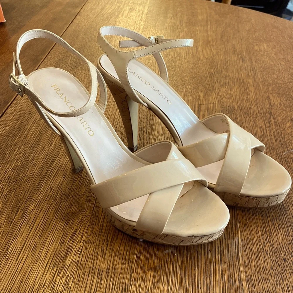 Franco Sarto Amanda Nude Patent Leather & Cork Heels - Picture 1 of 4